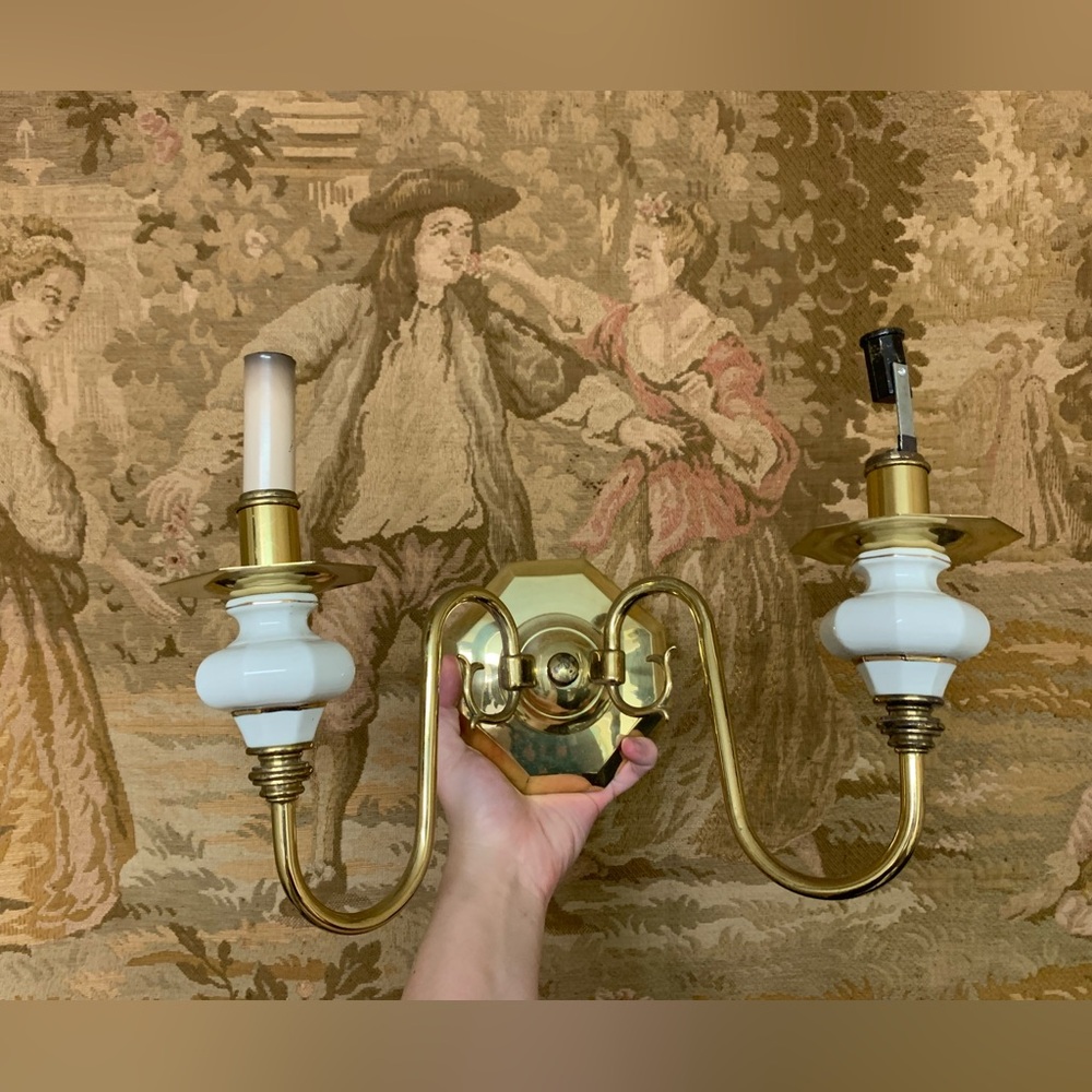 Brass Wall Sconces Genuine White Porcelain 24k Gold Trim Detail Vintage MCM